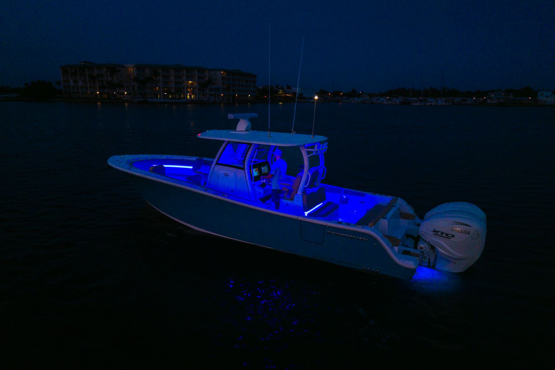 Sportsman boat at night on the water